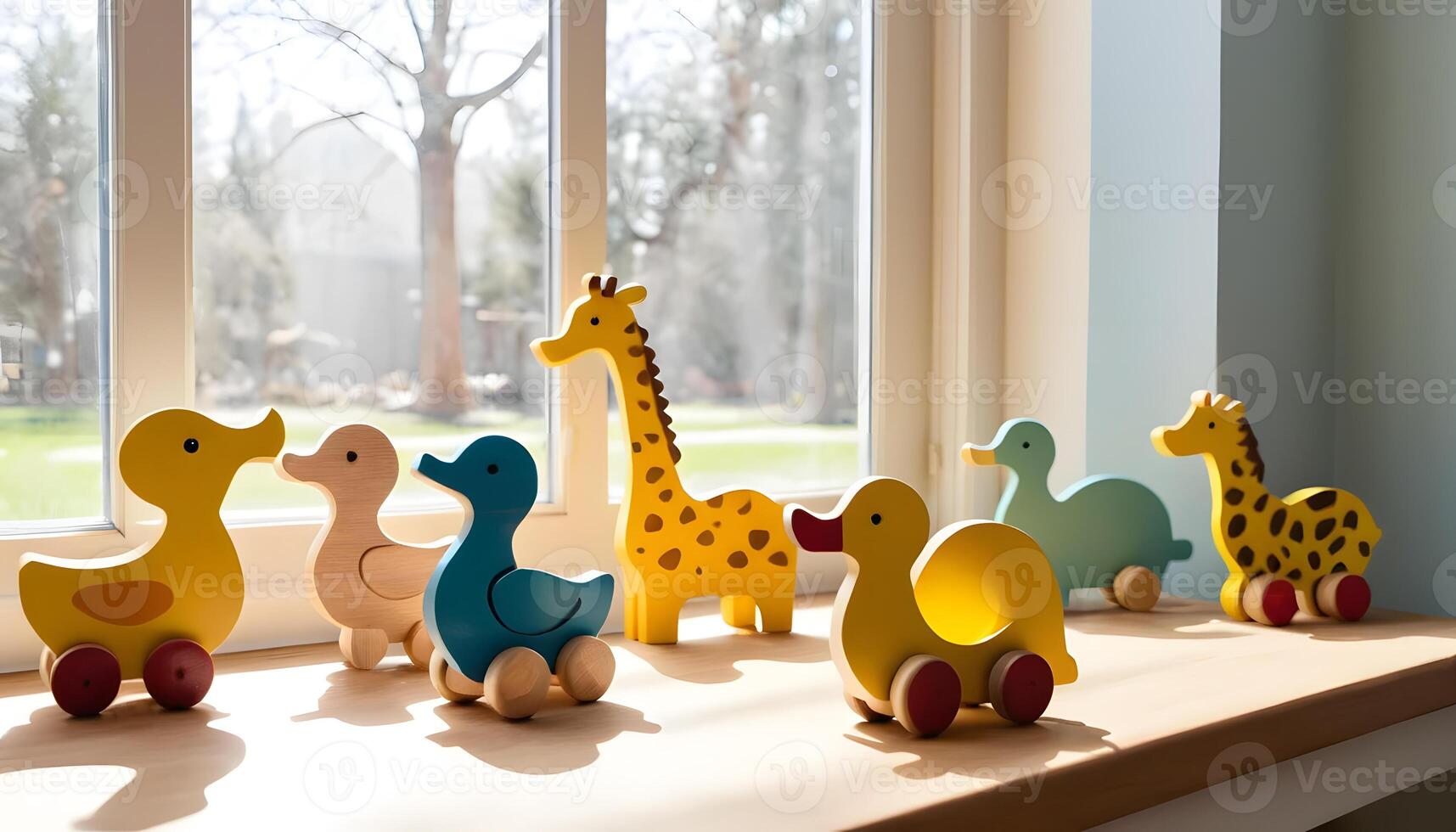 Wooden animal toys on window sill photo