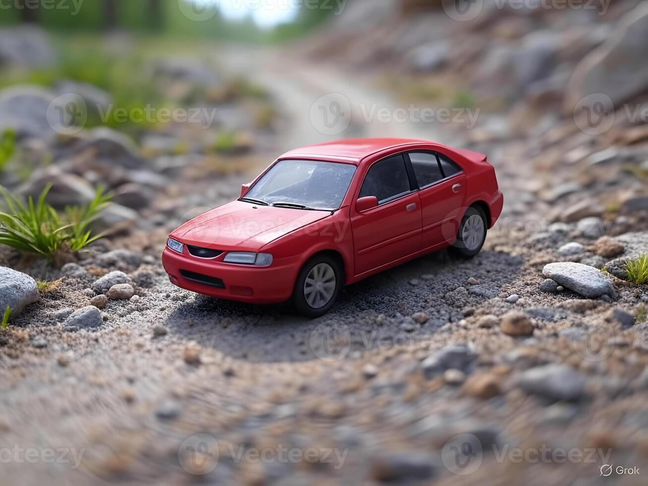 Red miniature car on rocky path photo