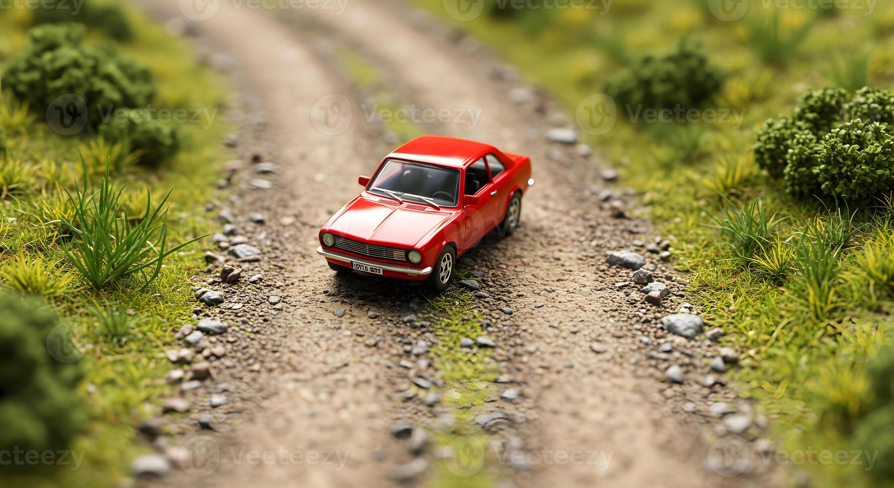 Small red car model on dirt road photo