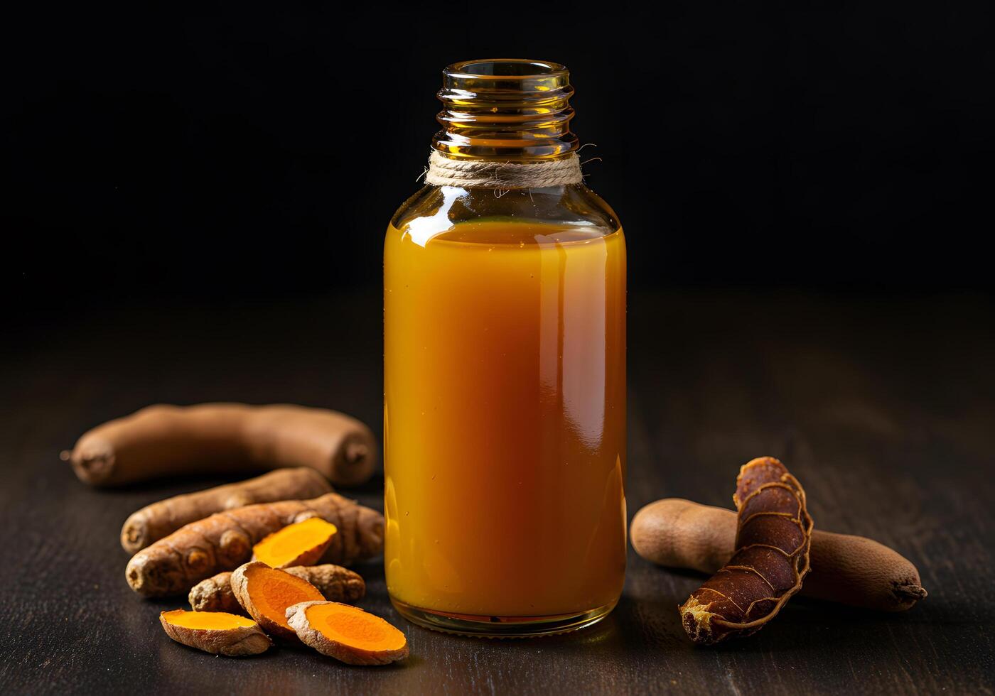 Turmeric drink bottle on dark wooden table photo