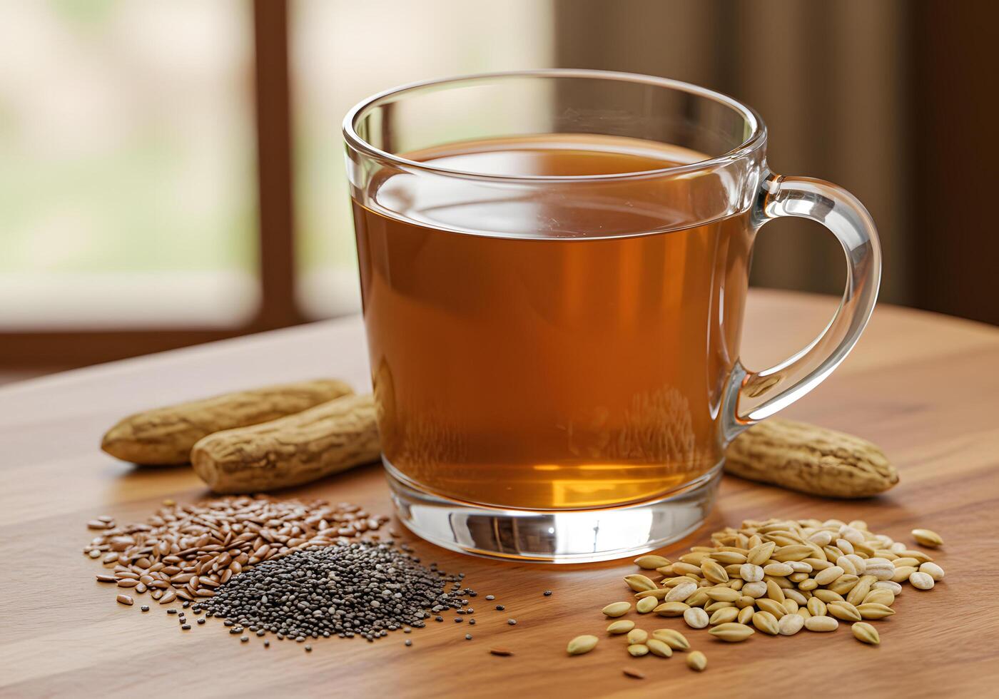 Warm tea with seeds and grains photo