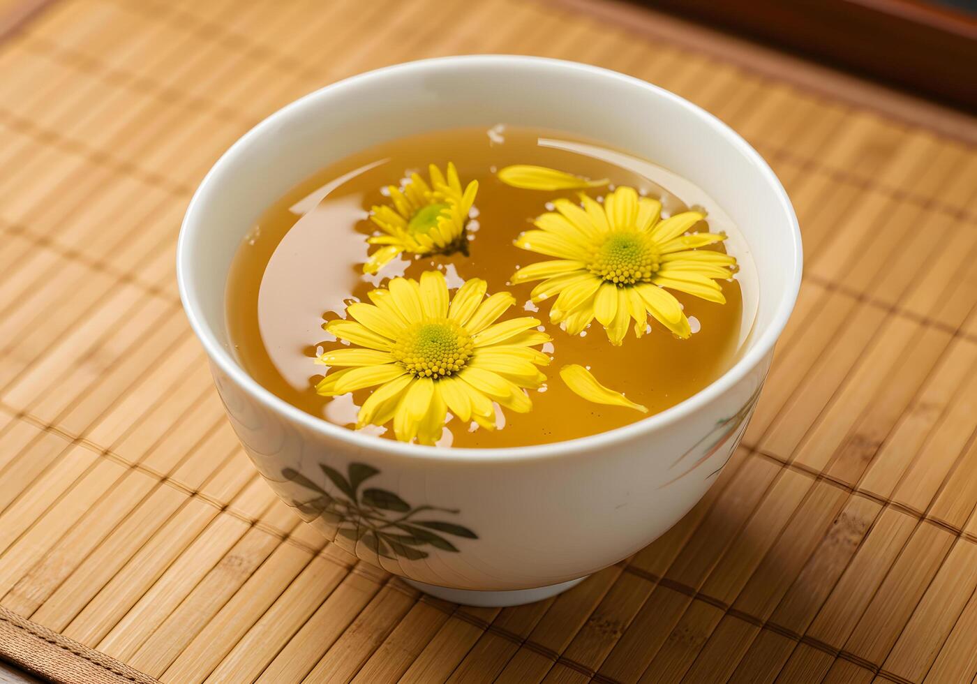 Yellow flowers floating in tea photo