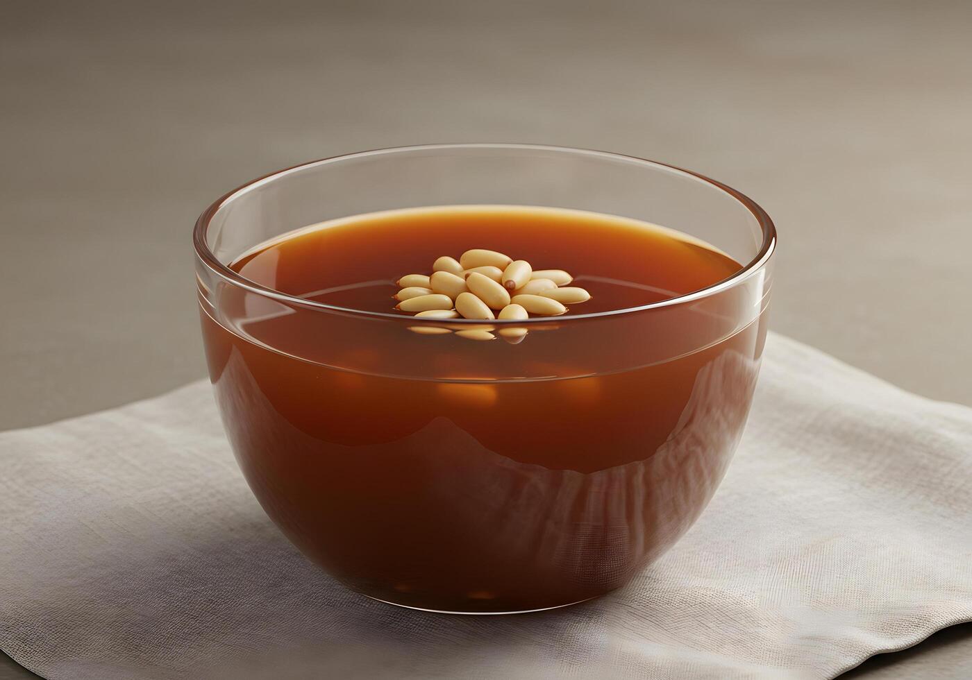 Brown drink in glass bowl with pine nuts photo