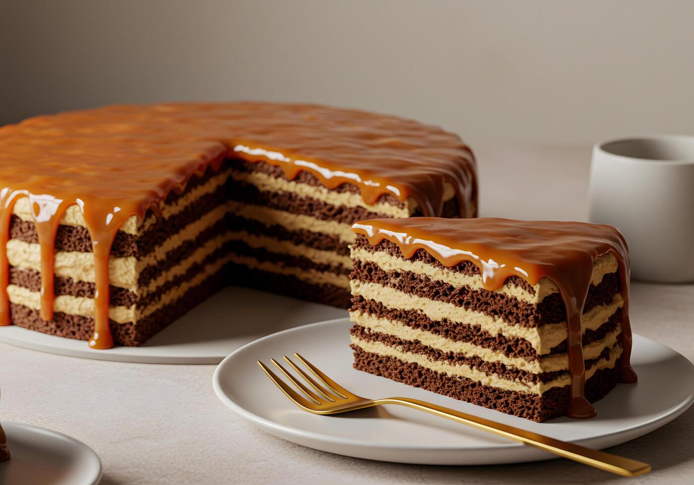 Chocolate caramel layer cake slice photo