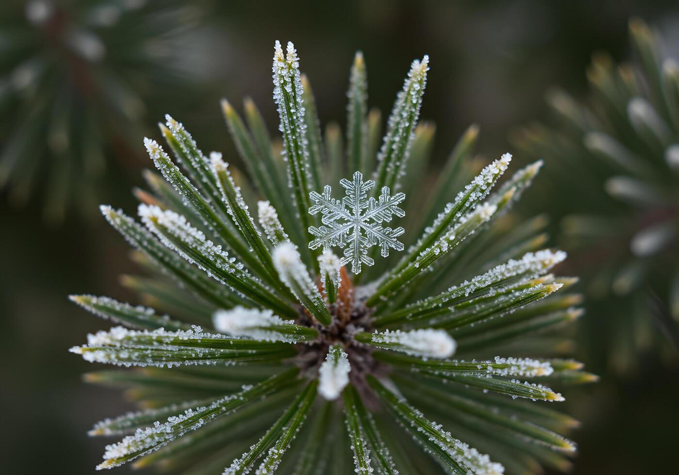 Frosted pine branch with snowflake photo