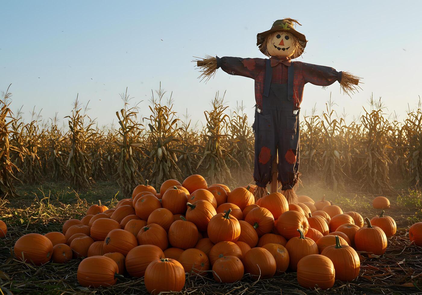 Scarecrow on pumpkin pile in field photo