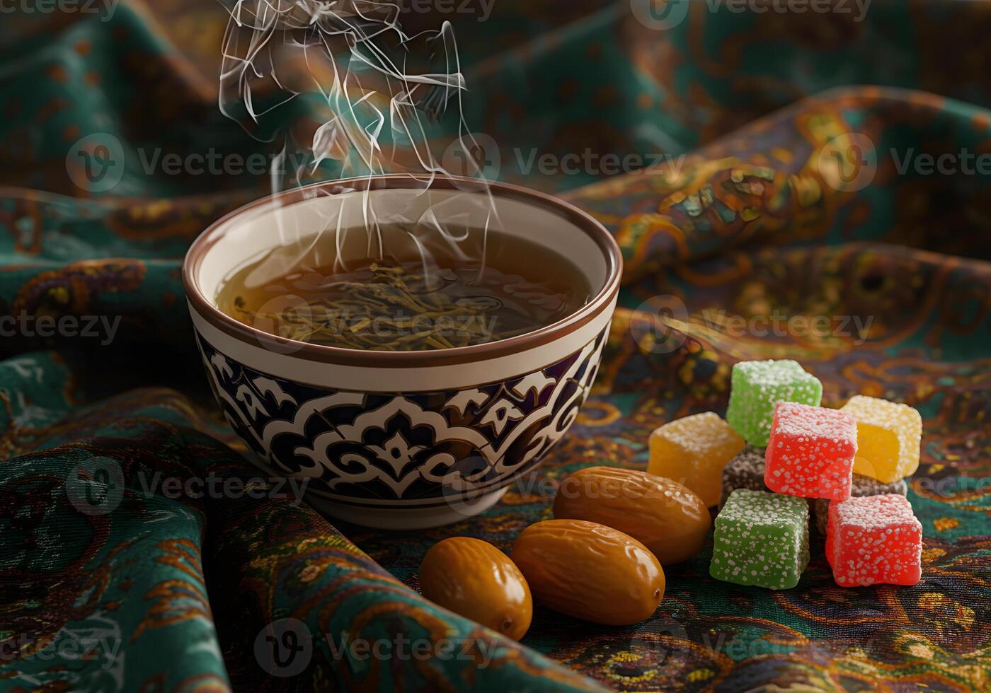 Steaming tea with sweet treats photo