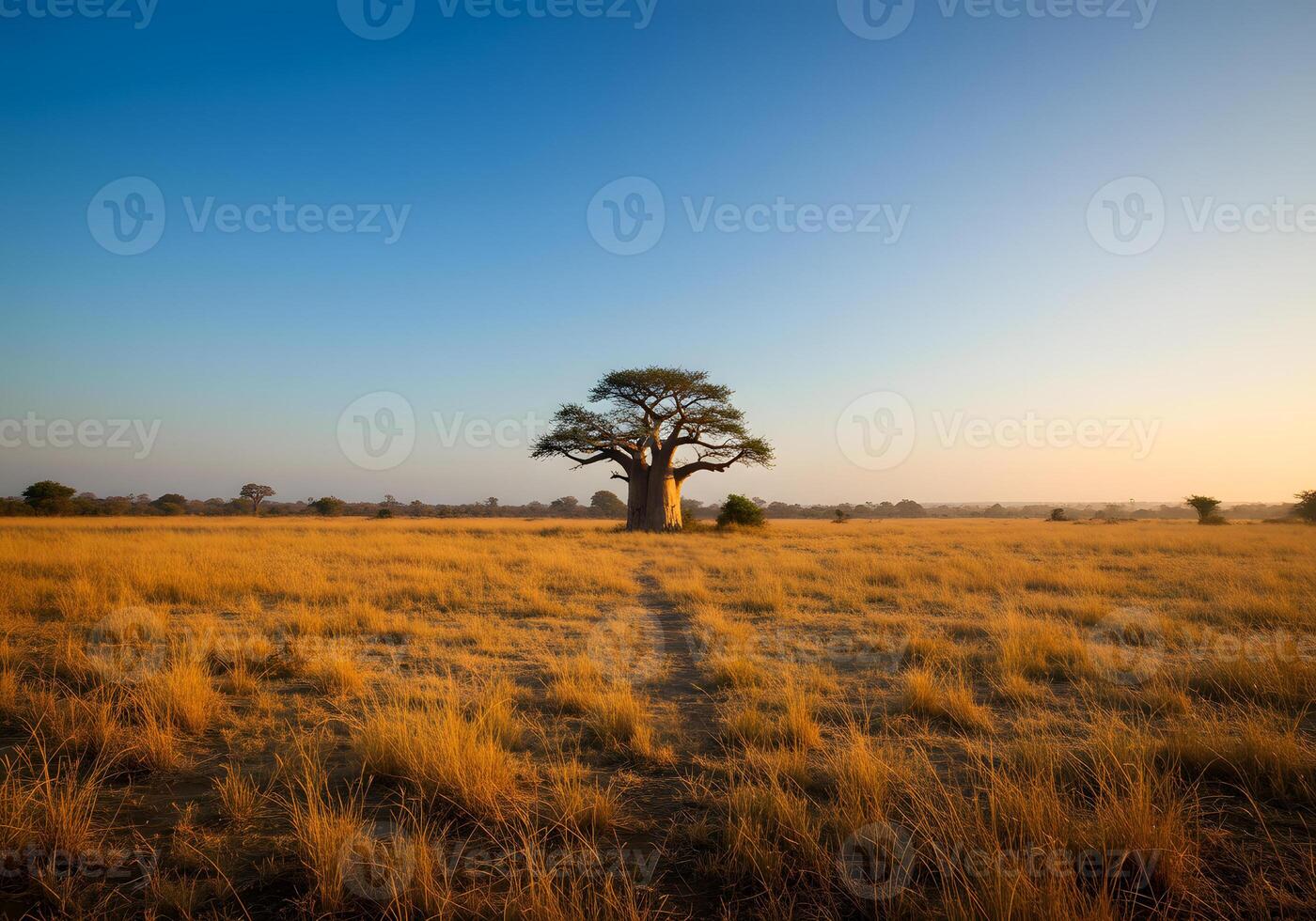 Baobab tree in golden savanna photo