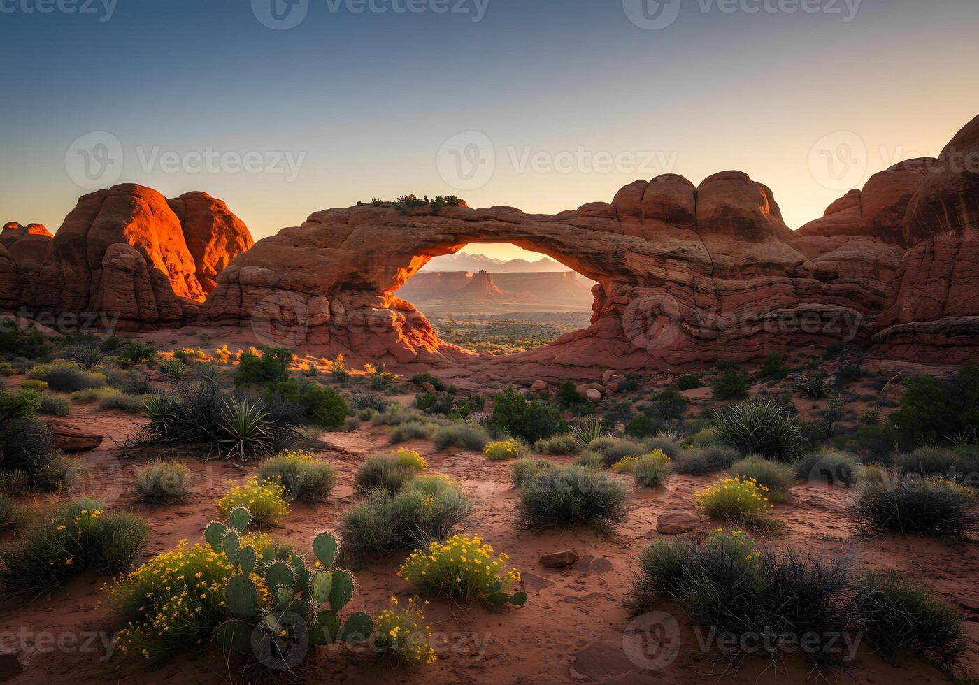 Desert sunrise archway landscape photo