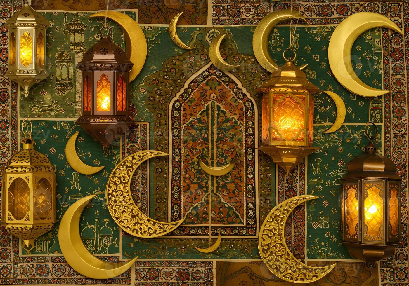 Detailed lantern and crescent moon design photo