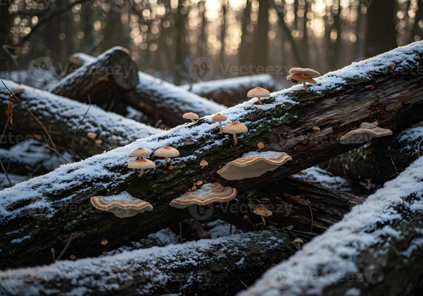 Mushrooms on snowy logs in forest photo