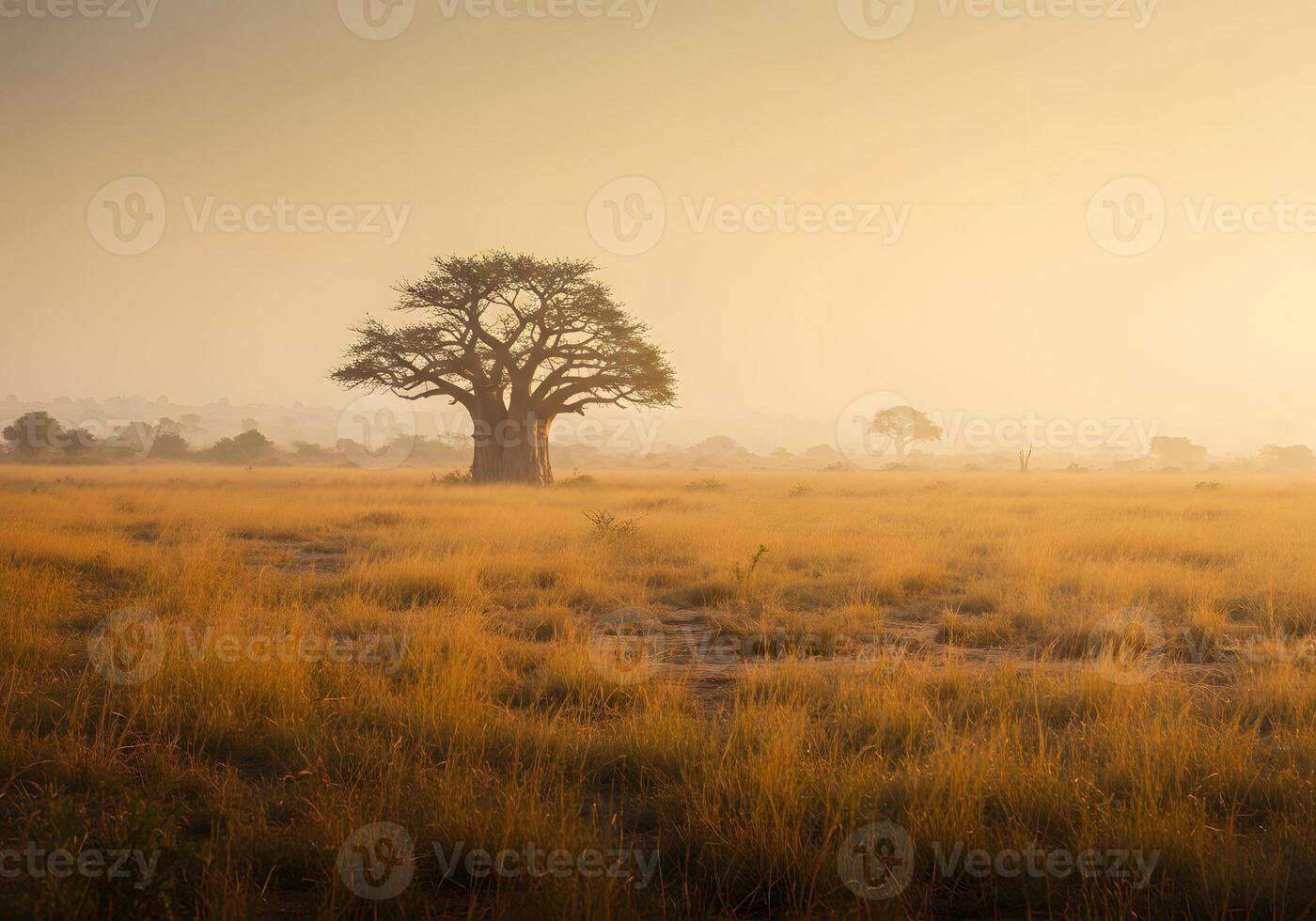 Baobab tree in golden savanna sunrise photo