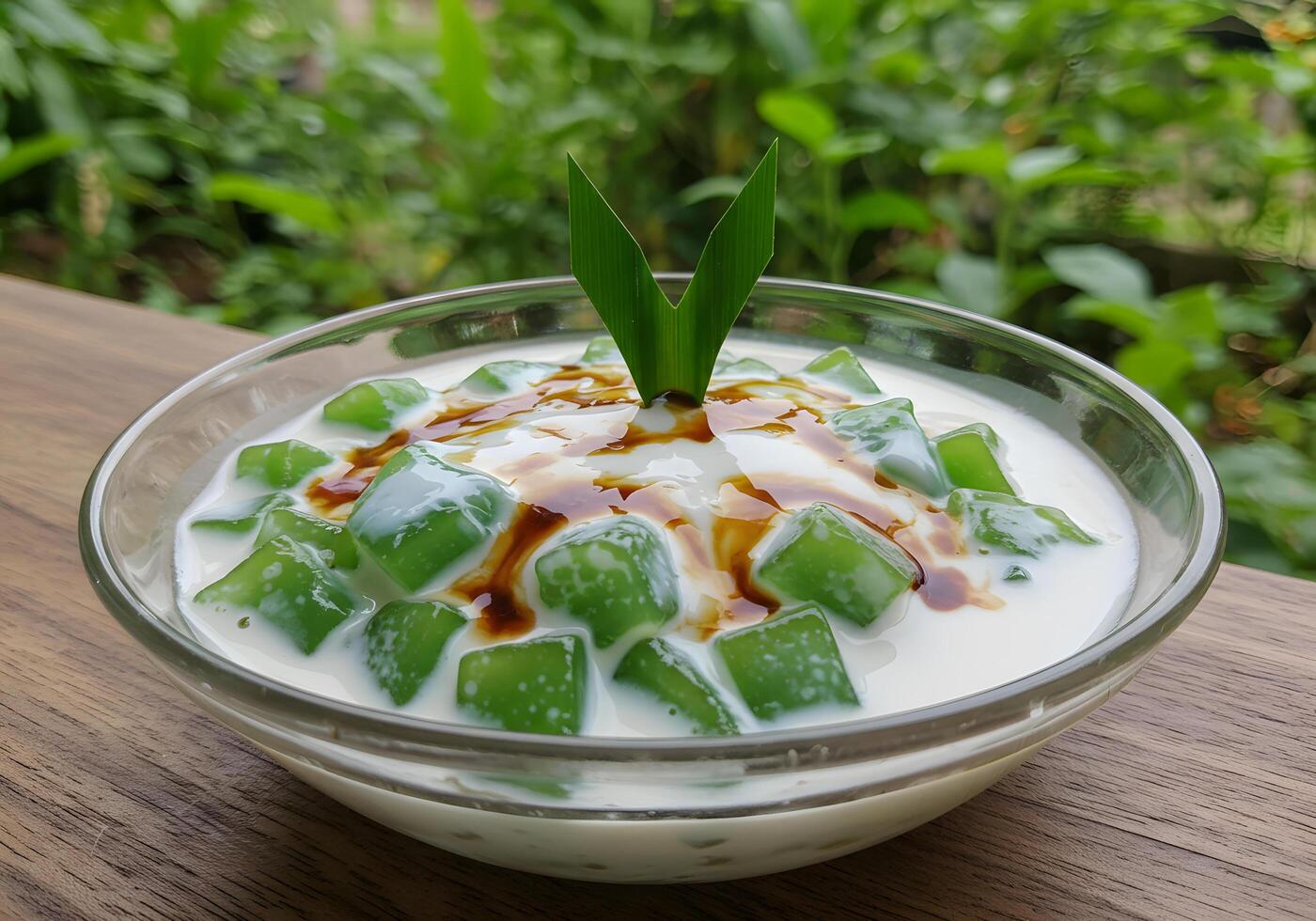 Green jelly cubes dessert in bowl photo