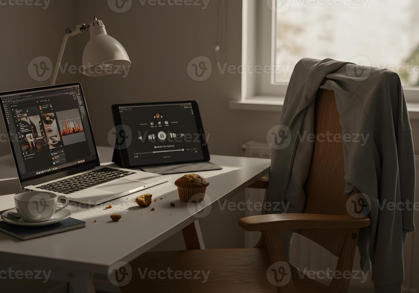 Home office workspace with food and jacket photo