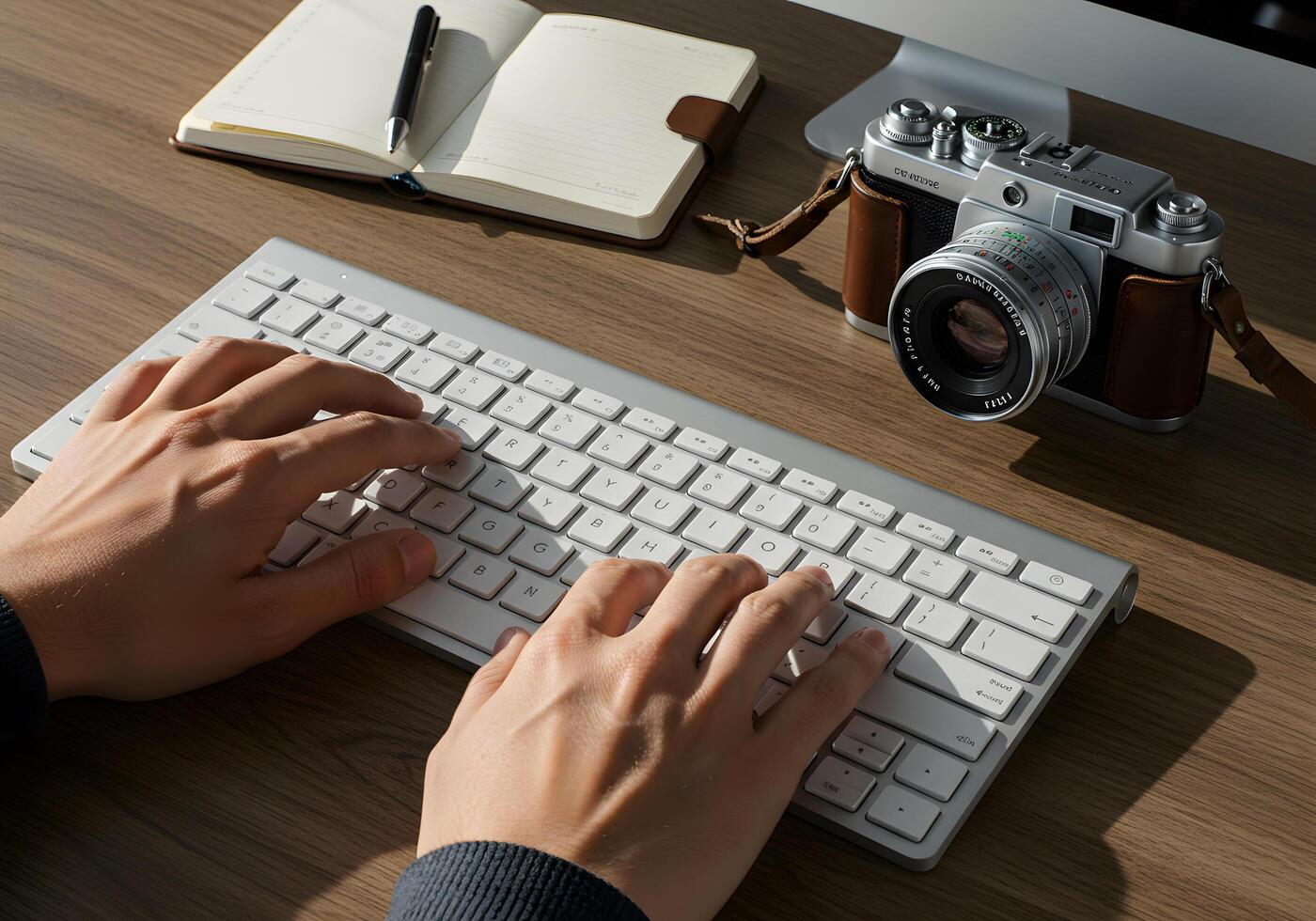 Hands typing on keyboard workspace photo