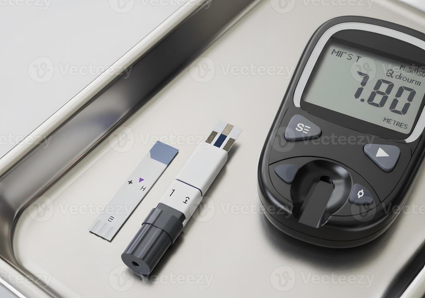 Glucose meter and test strips on tray photo