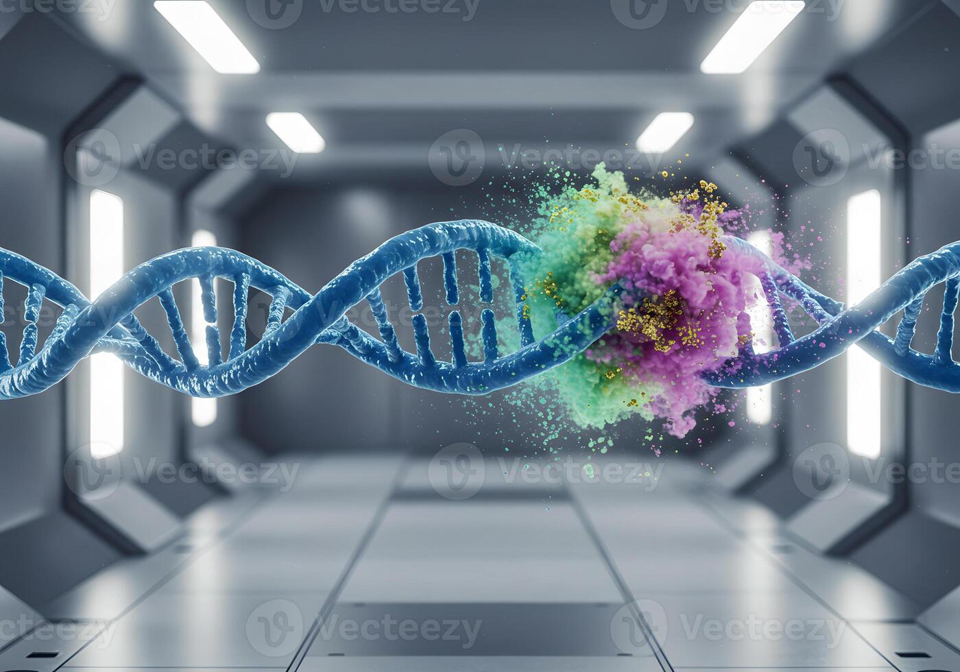 Dna strand explosion in futuristic environment photo