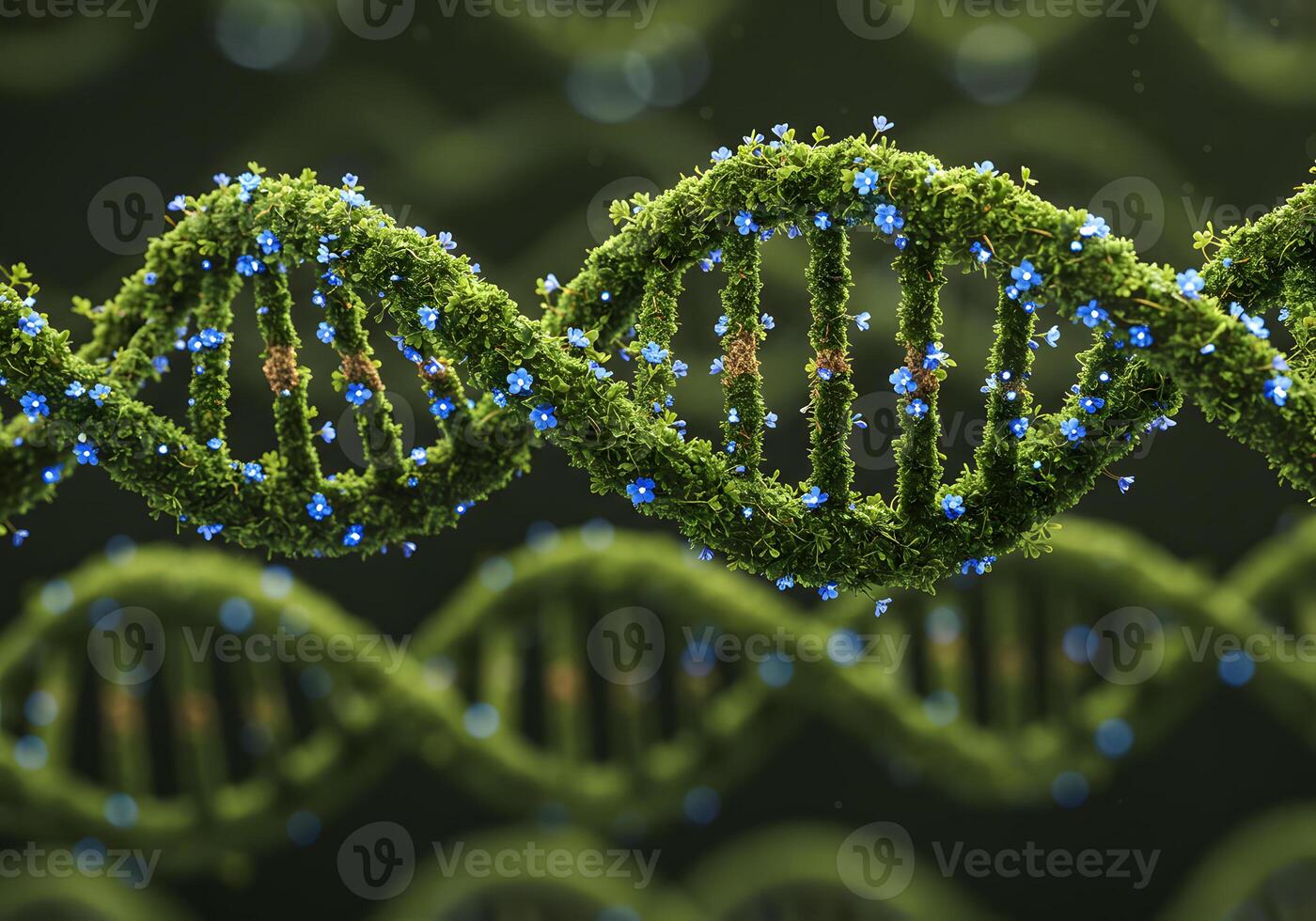 Dna double helix with green moss and flowers photo