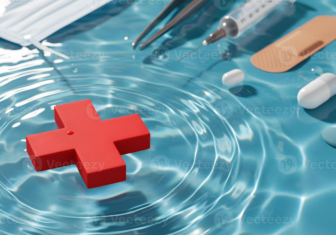 Medical supplies on rippling water surface photo