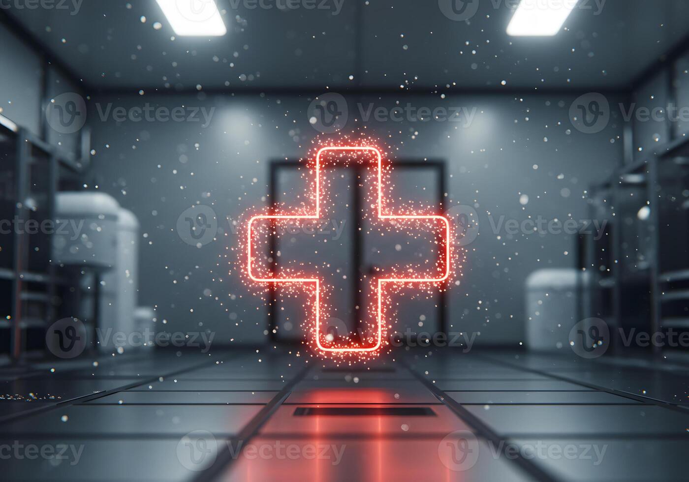 Red glowing cross symbol in futuristic medical interior photo