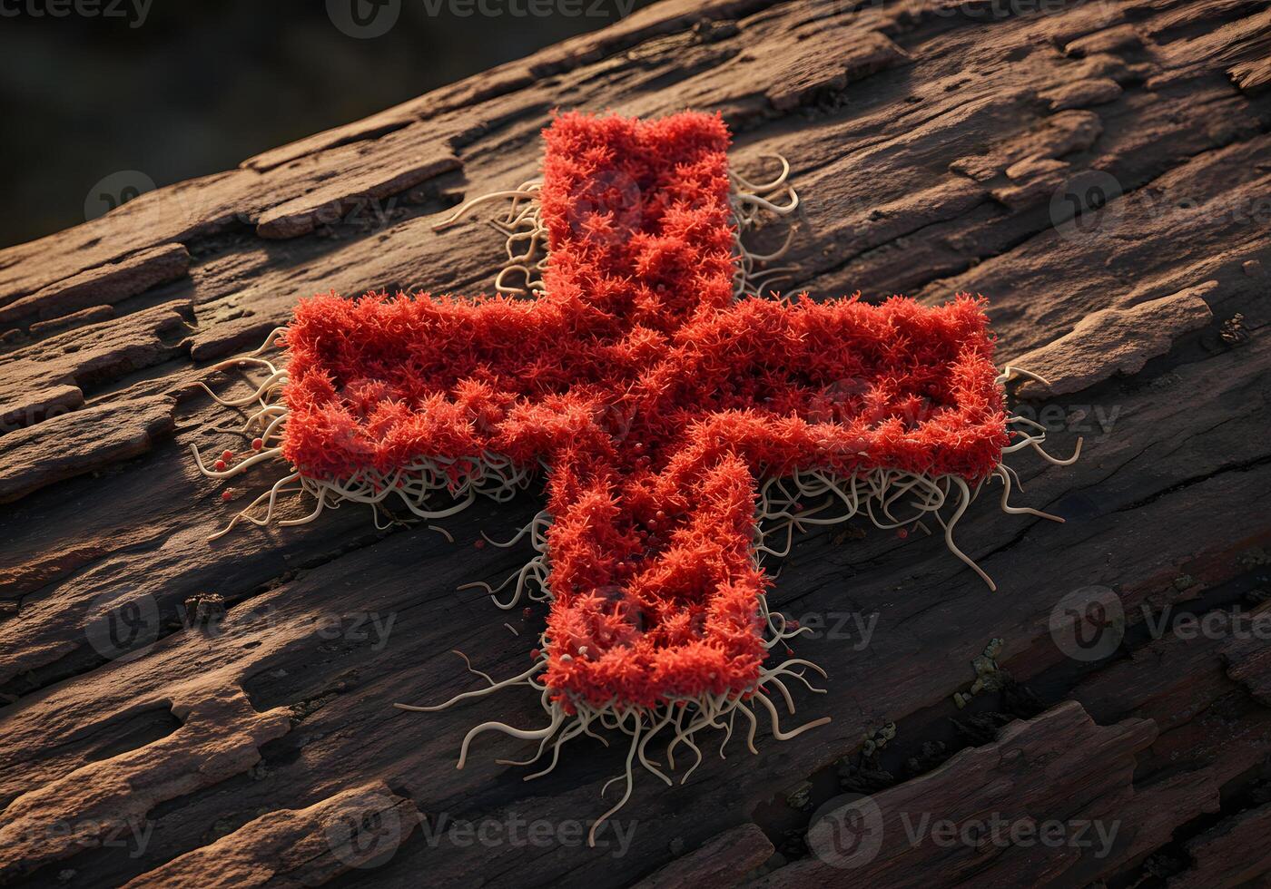 Red cross symbol on wood background photo