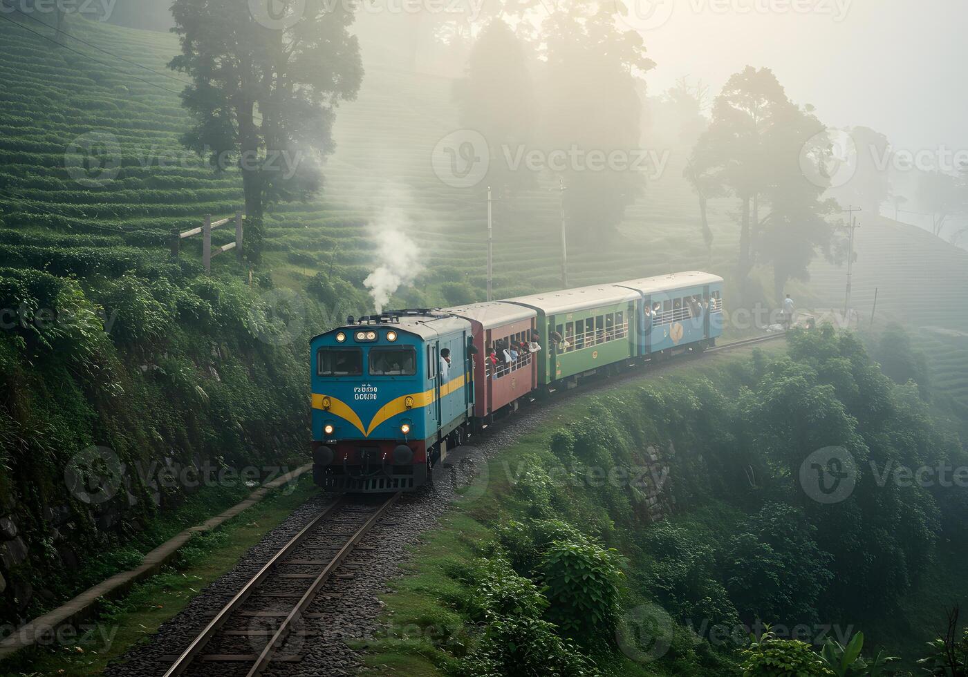 Misty mountain train journey photo