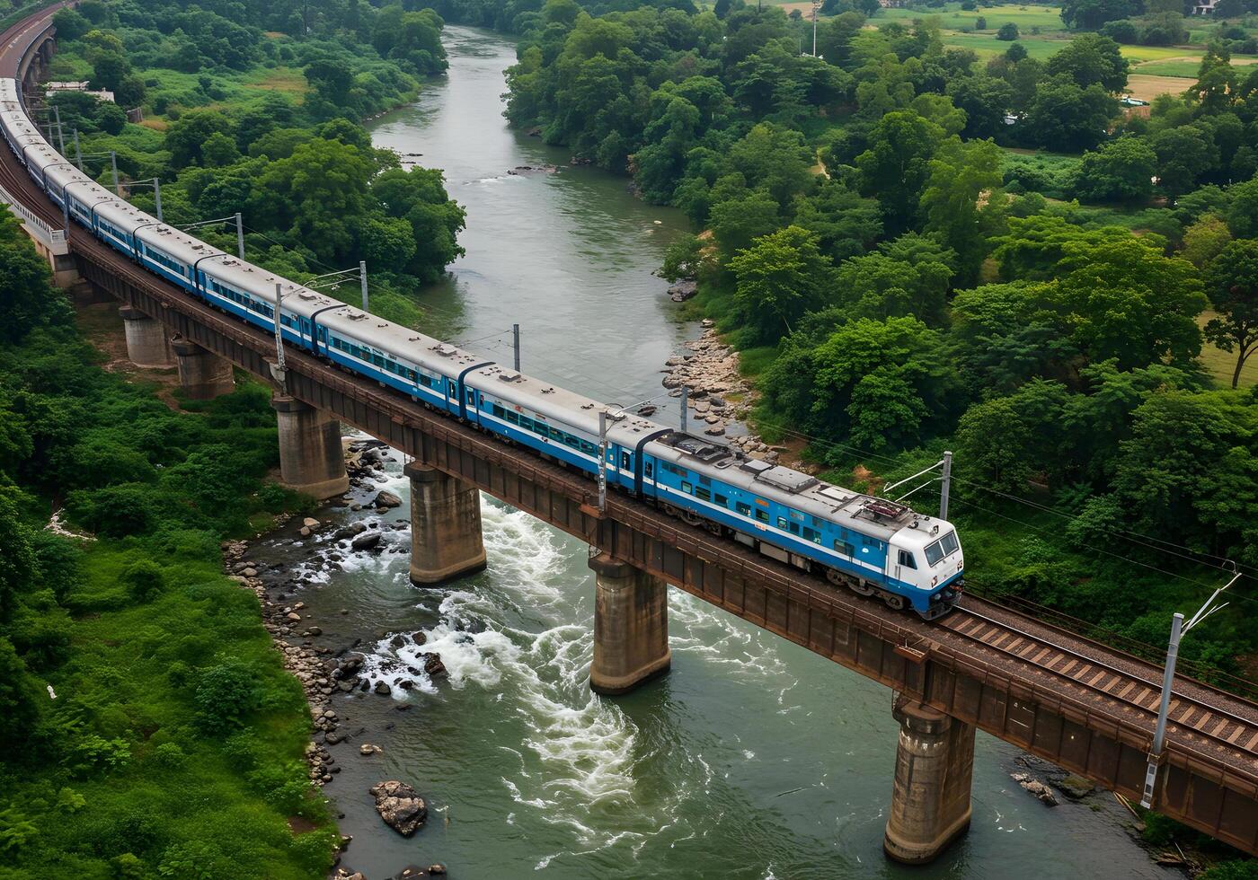 Train bridge over river scenic landscape photo