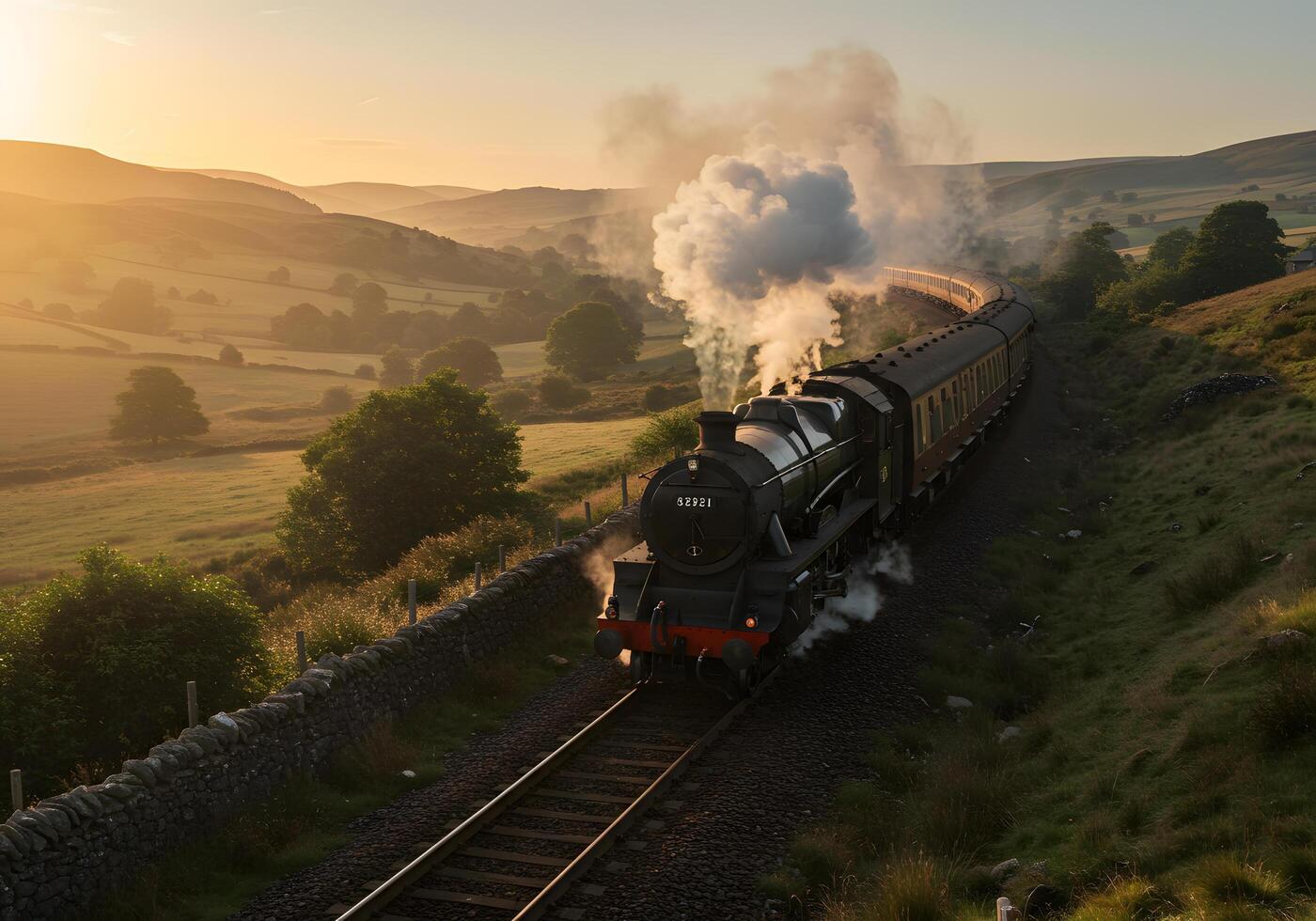 Steam train sunrise rural landscape photo