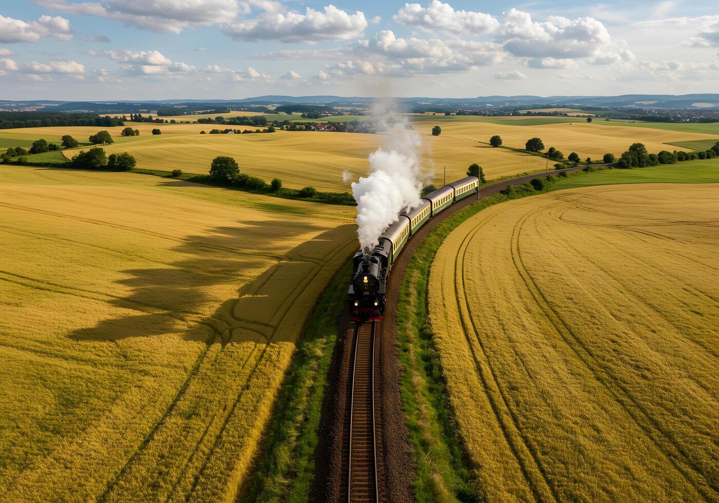 Vintage train traveling through golden fields under blue sky photo
