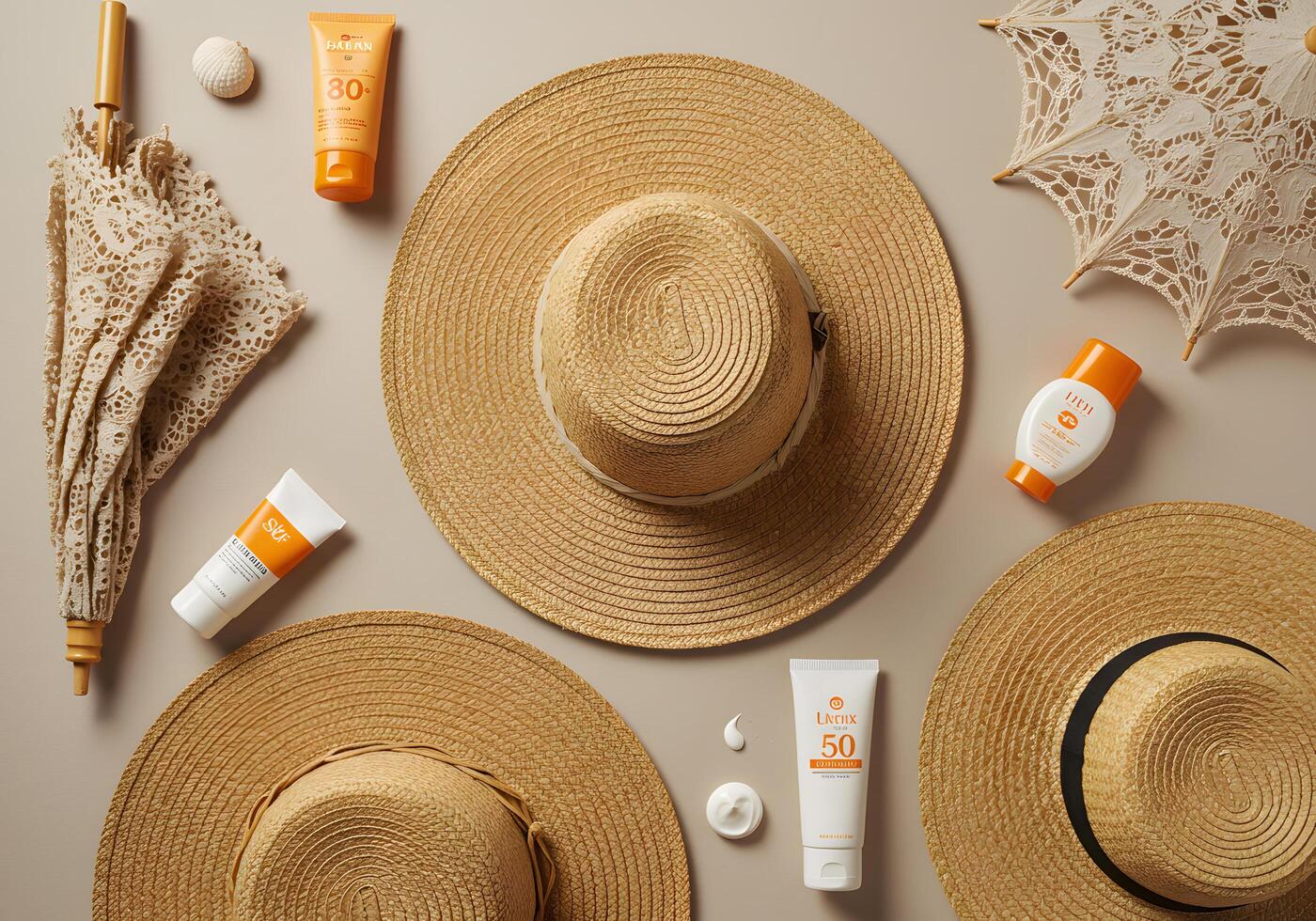 Straw hats and sunscreen products photo