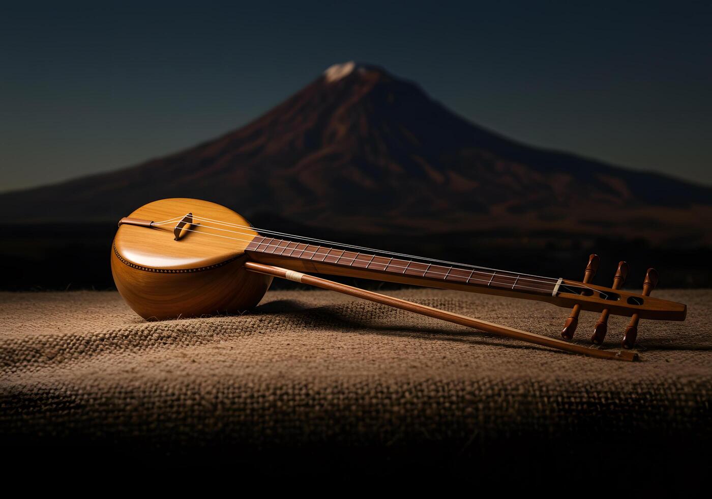 Wooden string instrument on burlap photo