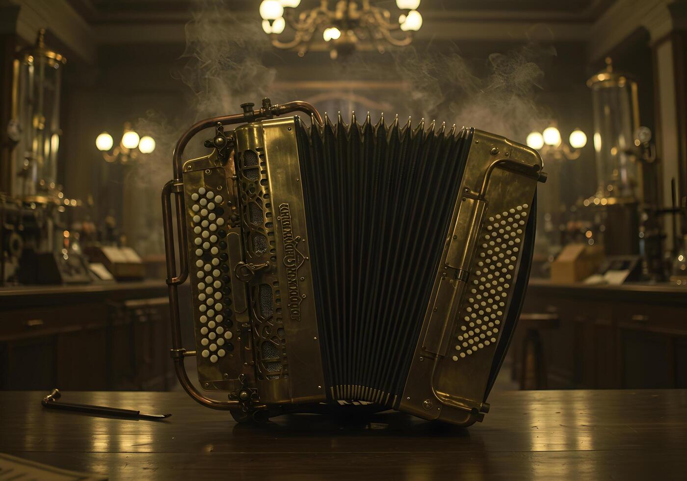 Vintage accordion on wooden table in ornate interior photo