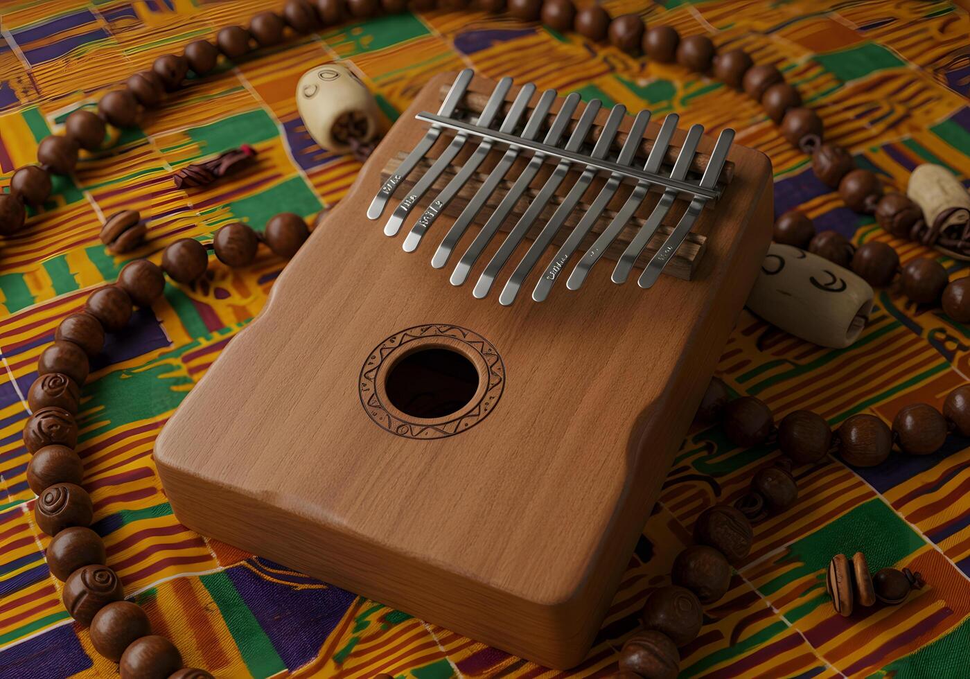 Wooden kalimba instrument on fabric background photo