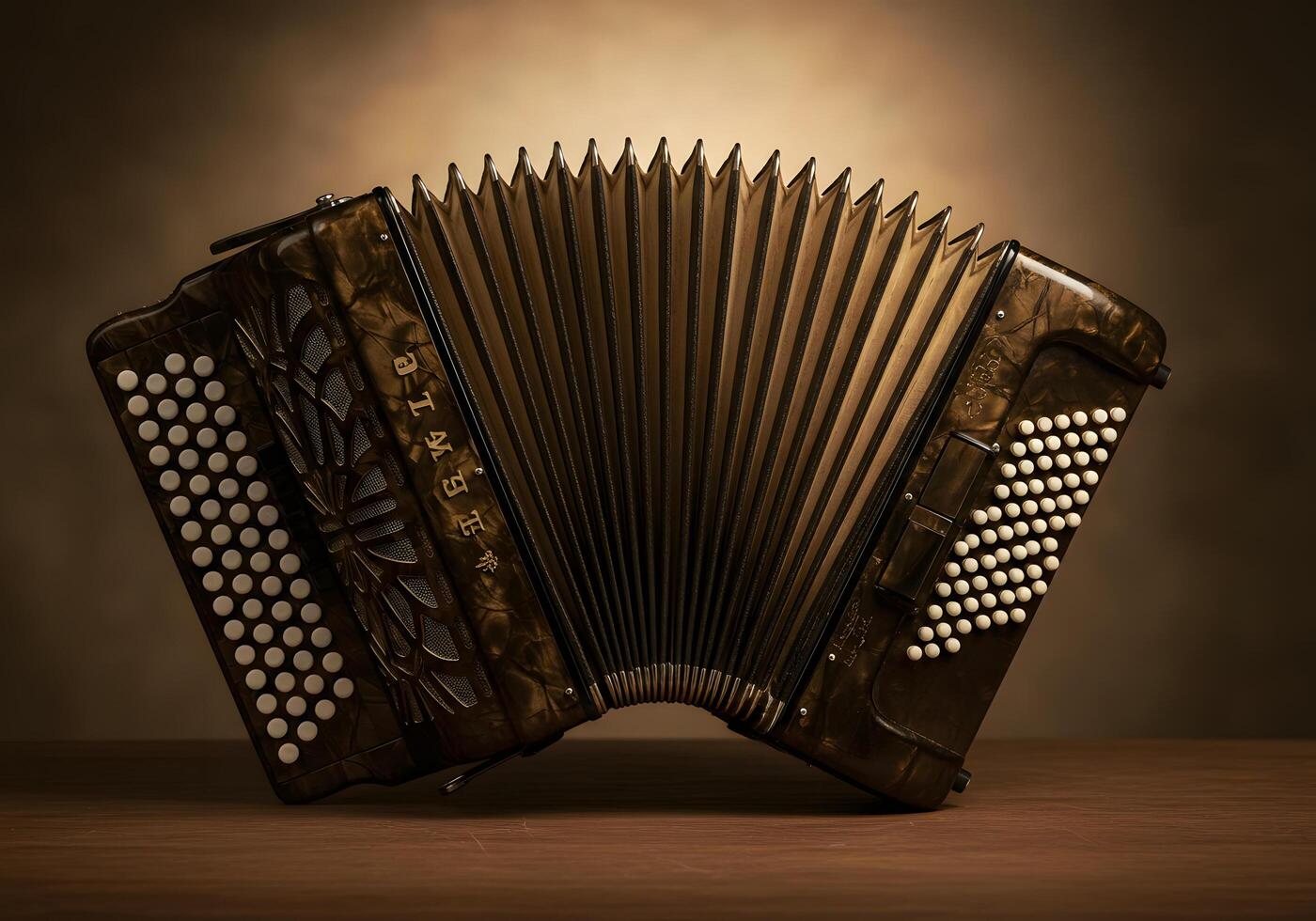 Vintage accordion on wooden surface photo
