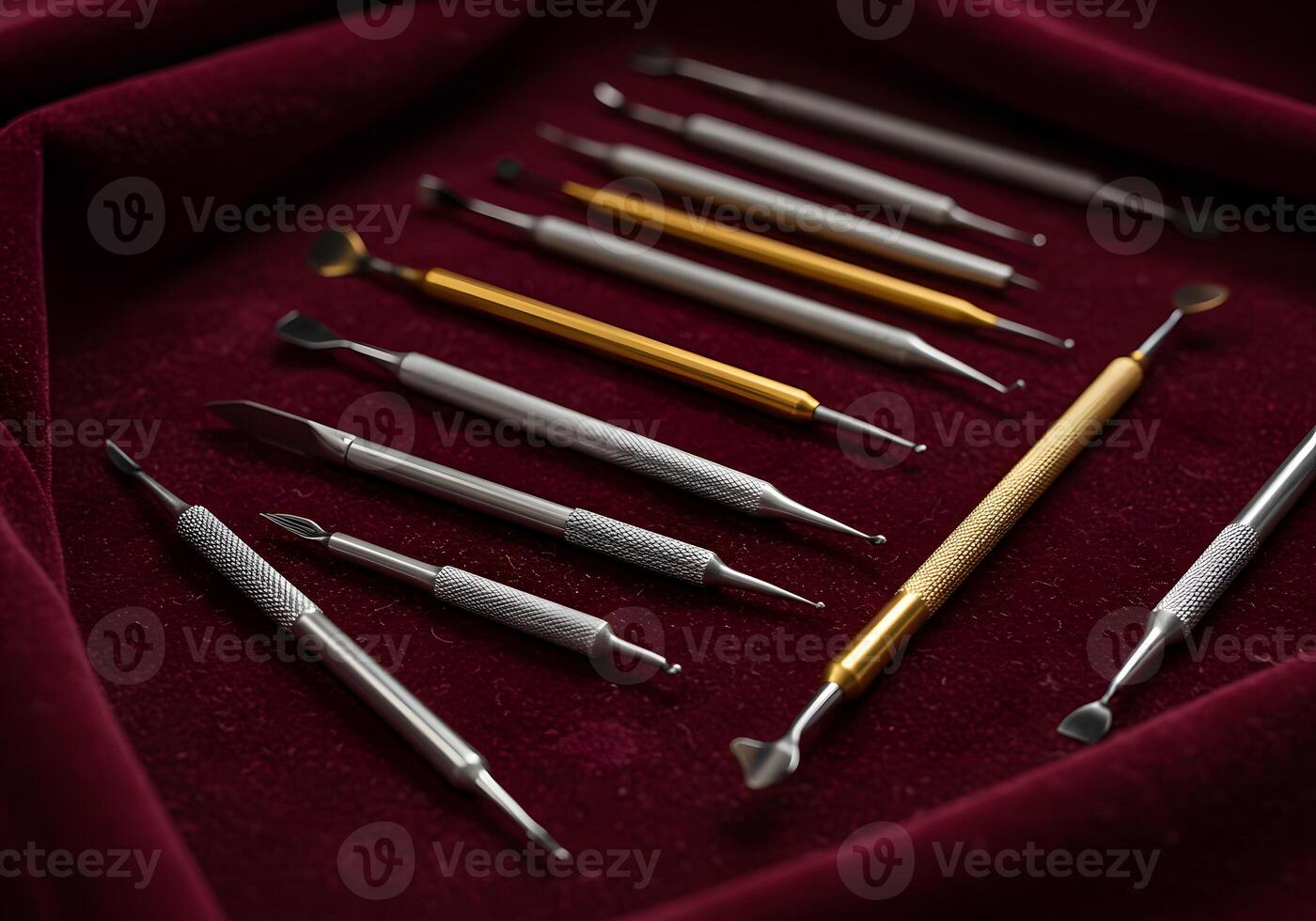 Assortment of tools on maroon velvet photo