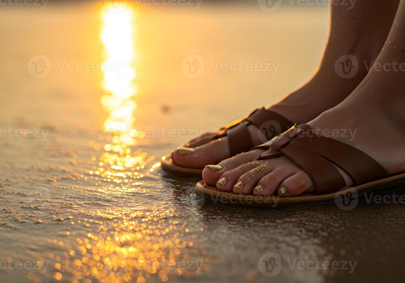 Feet in sandals on wet beach sunset photo