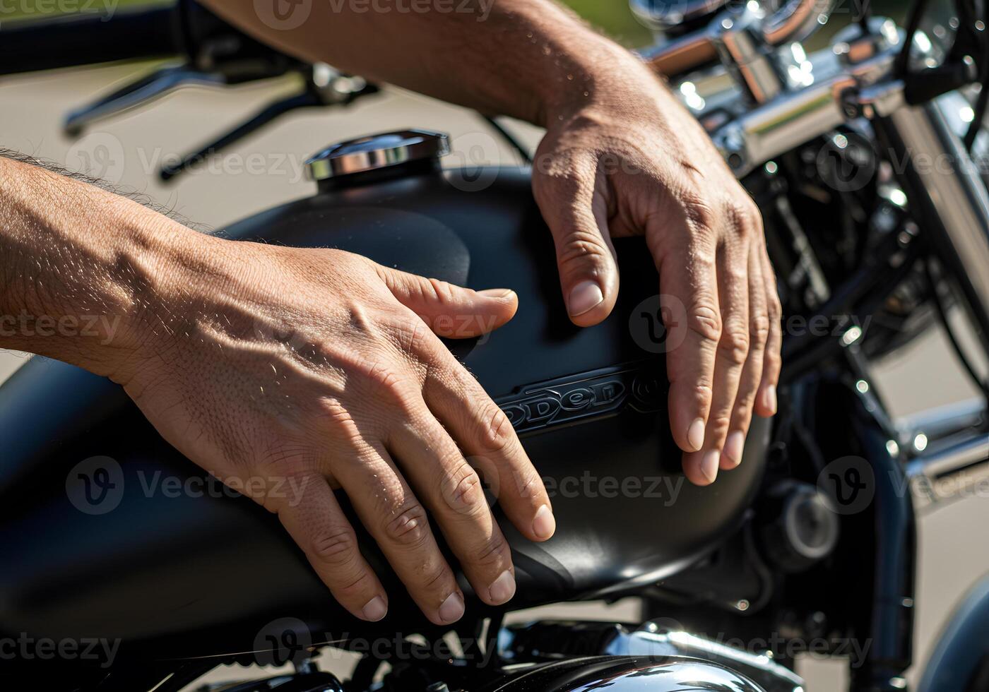 Hands inspecting motorcycle fuel tank photo