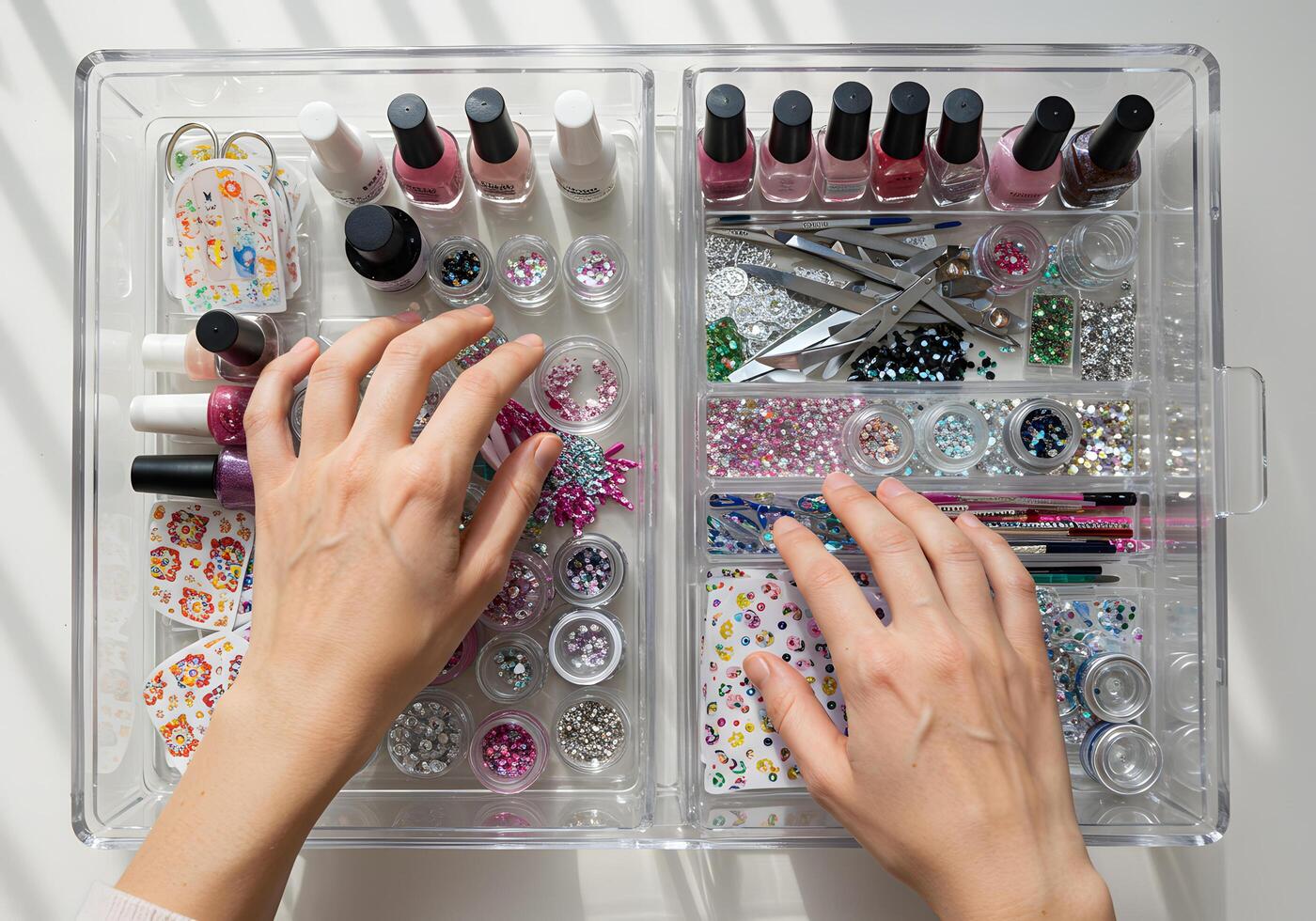 Hands in acrylic organizer with nail supplies photo