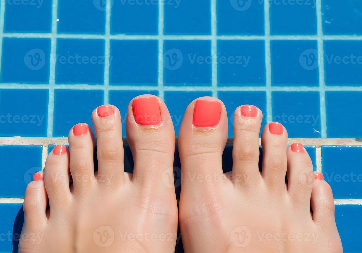 Painted toenails on a tile floor photo