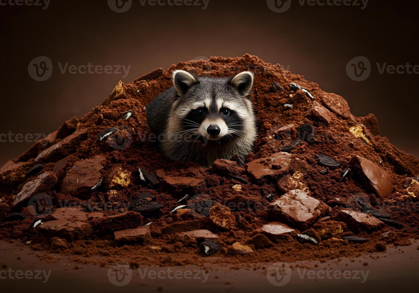 Raccoon nestled in chocolate and cookie crumbs photo