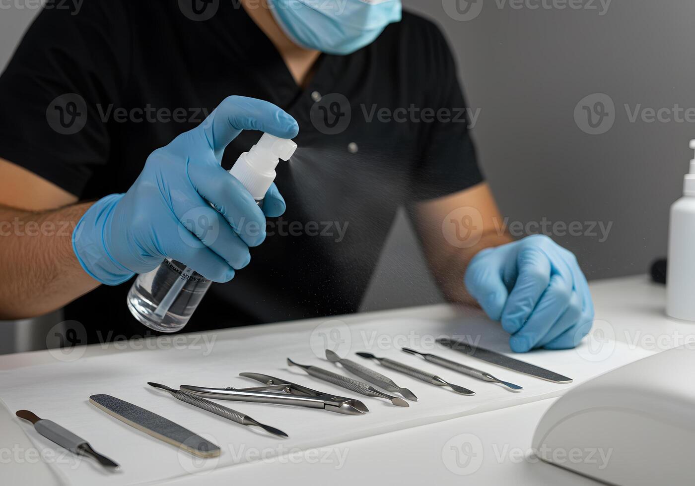 Spraying disinfectant on tools photo