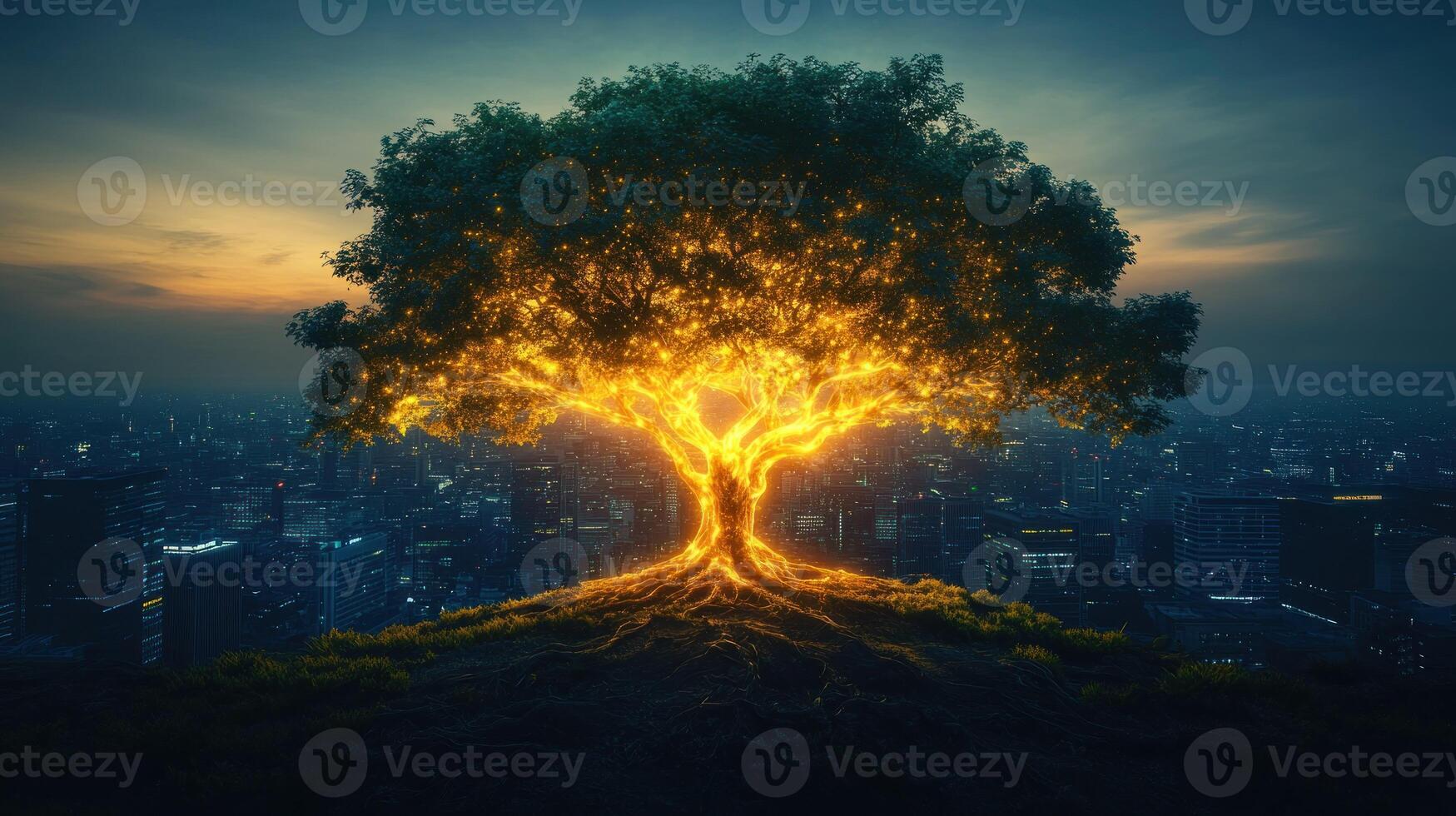 Tree with glowing light on top of a mountain photo
