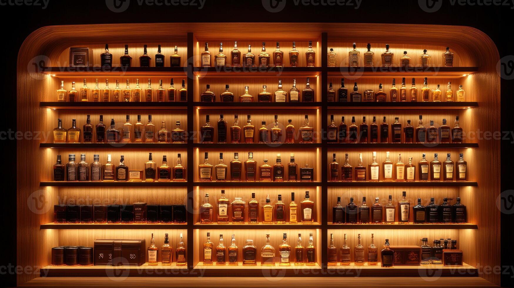 A shelf filled with bottles of whiskey photo