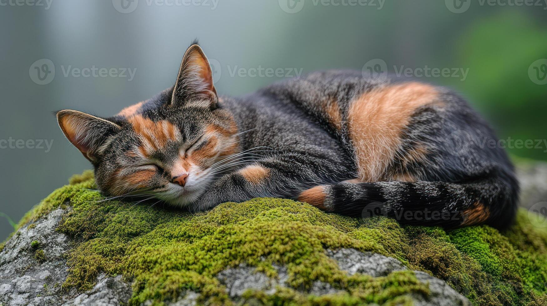 A cat sleeping on a moss covered rock photo