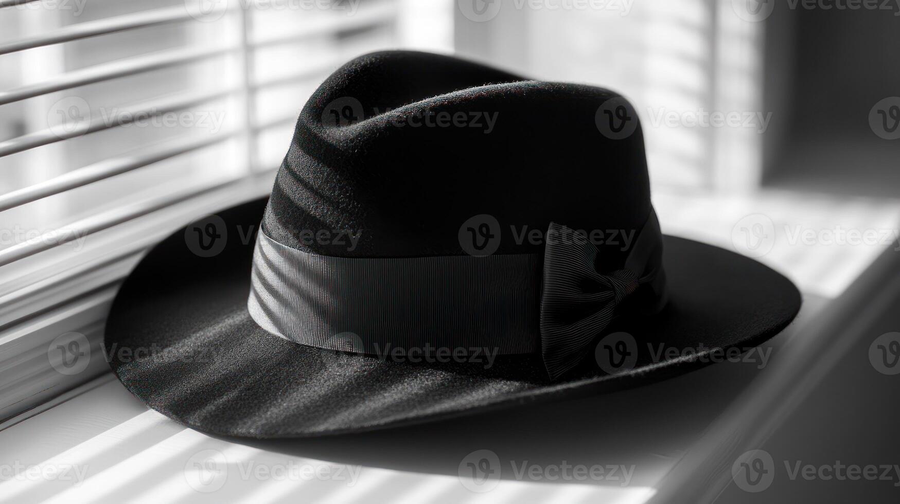 A black hat sits on a window sill photo