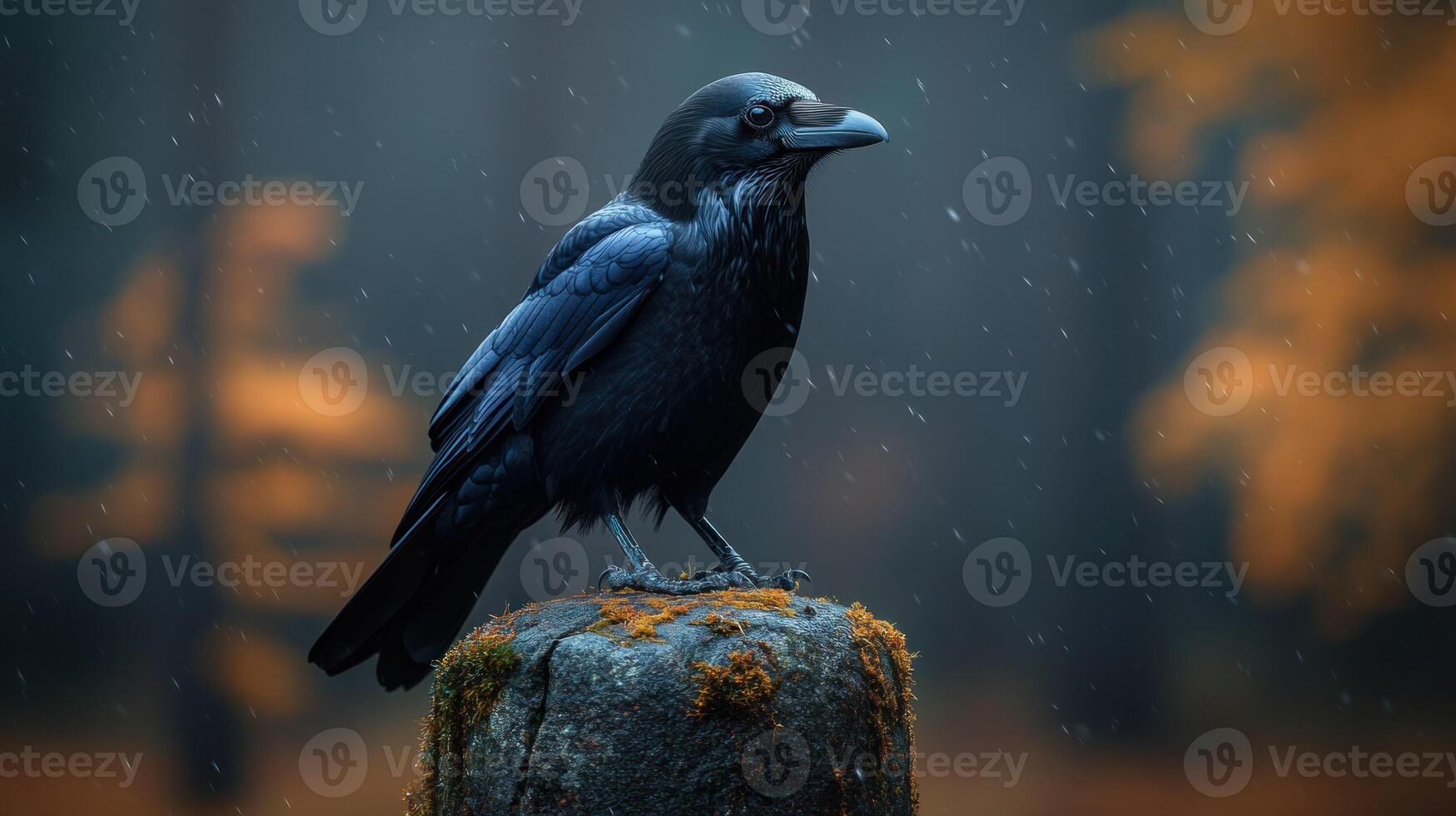 A black crow sitting on a stump in the rain photo