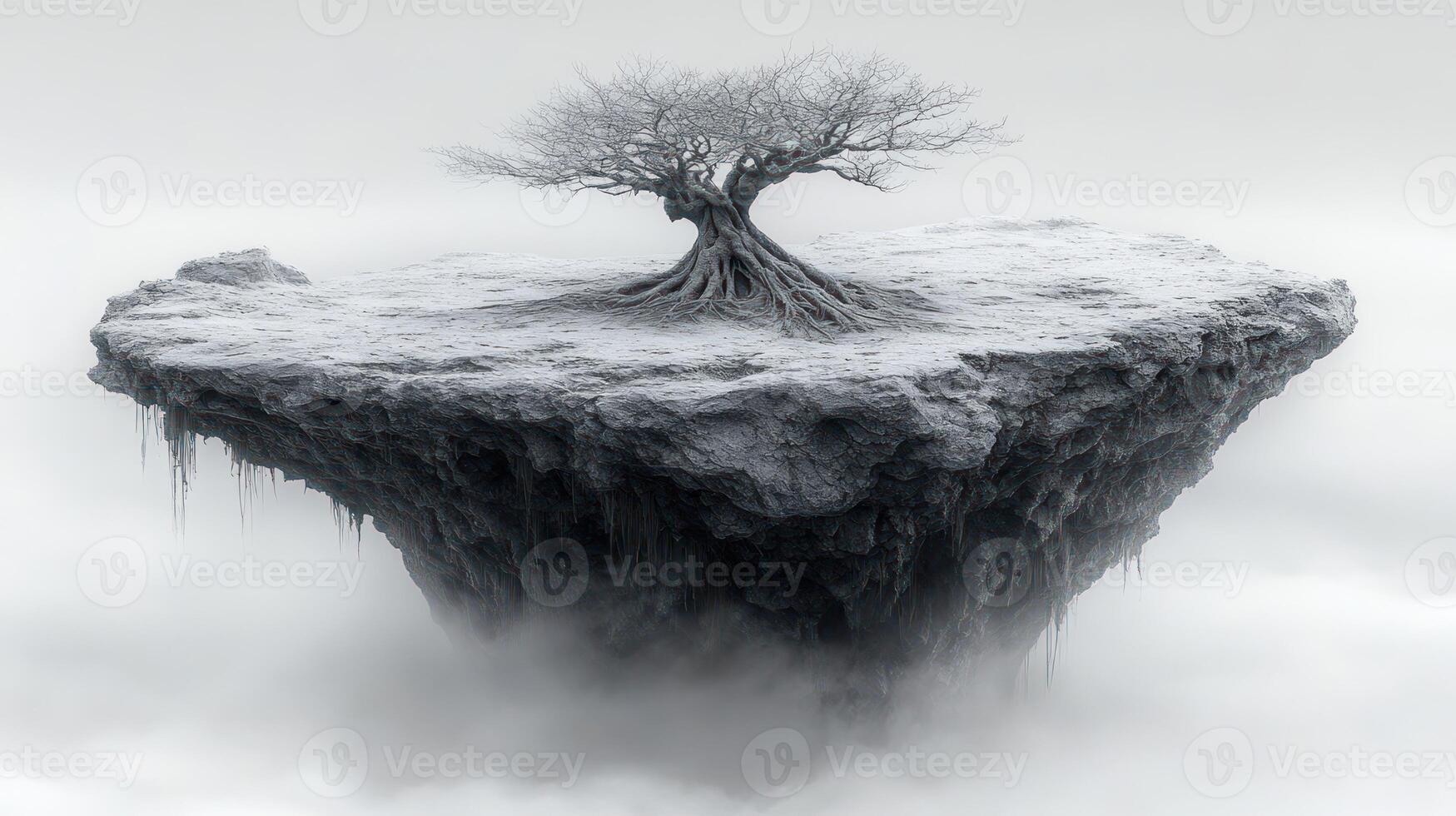 A tree is standing on top of an island in the clouds photo
