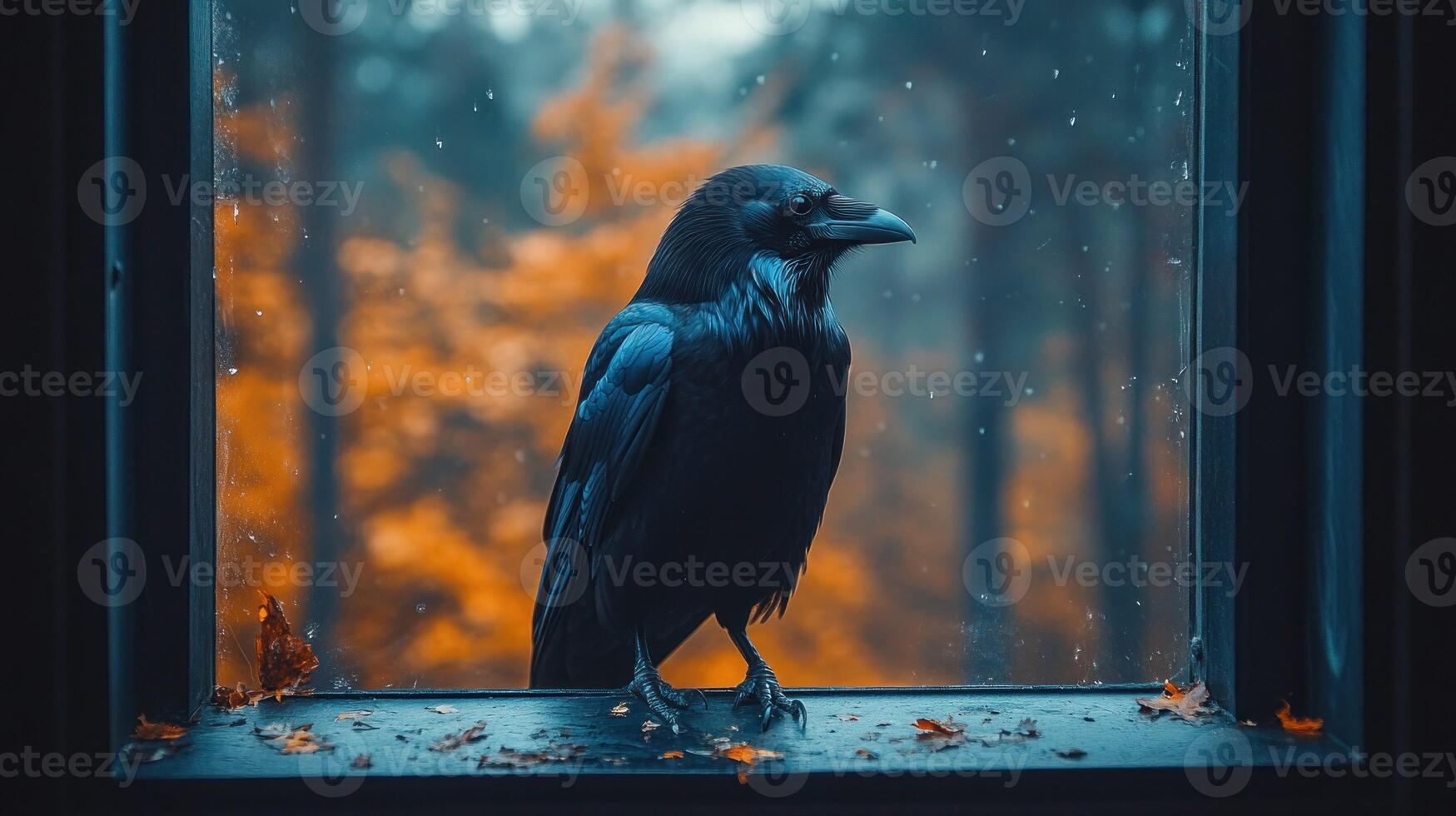 A crow sits on a window sill in front of an autumnal forest photo