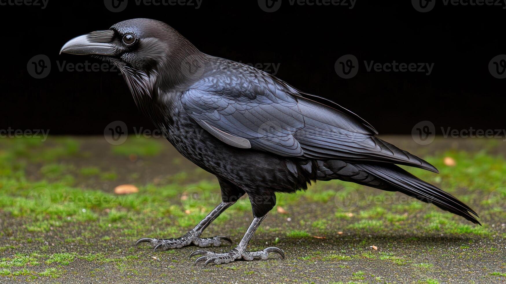 A black bird standing on a green surface photo