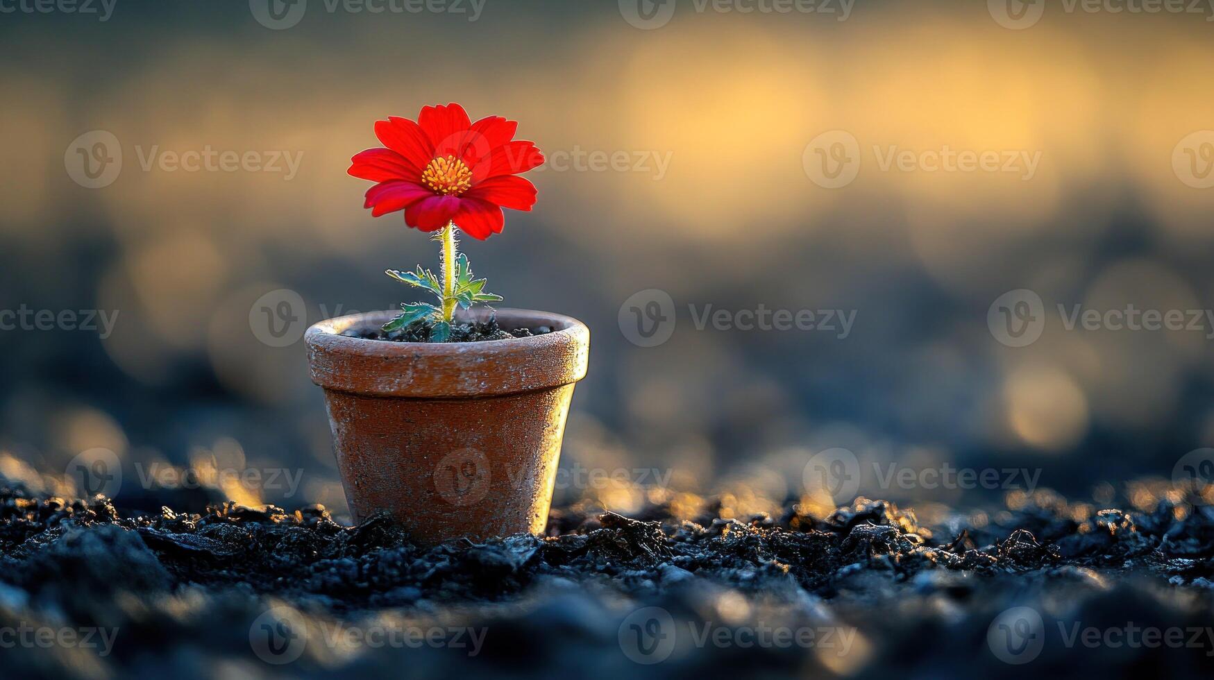 A flower pot with a red flower growing out of it photo